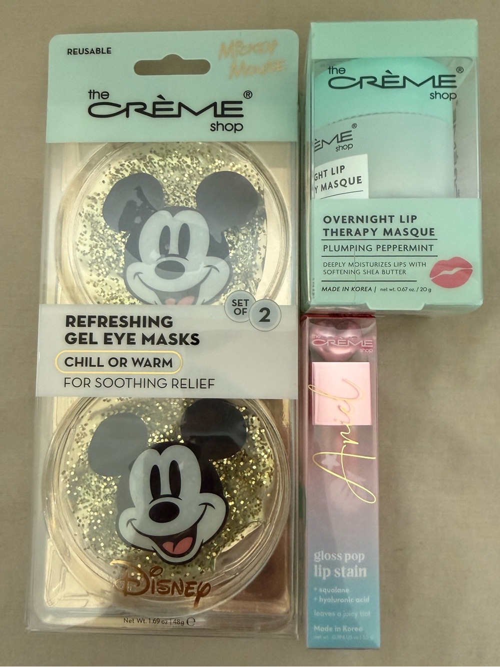 The Crème Shop Lip Masque, Disney Gloss Pop Lip Stain + Cooling Eye Masks
